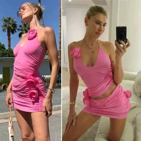 Magda Butrym Rosette Silk Jersey Pink Ruched Cutout Mini Dress 42 IT / US 6 - Picture 3 of 16